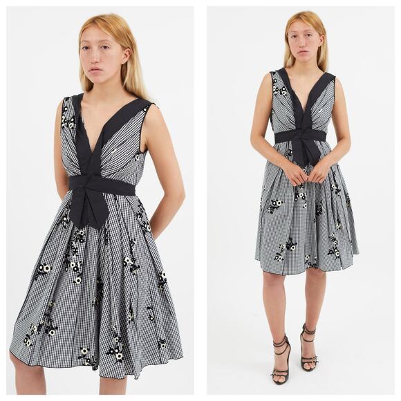 Marc Jacobs Black & White Gingham Floral Dress Size 6 Fit & Flare Sleeveless - Picture 1 of 12
